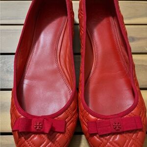 Tory Burch Red Quilted Flats with Bow